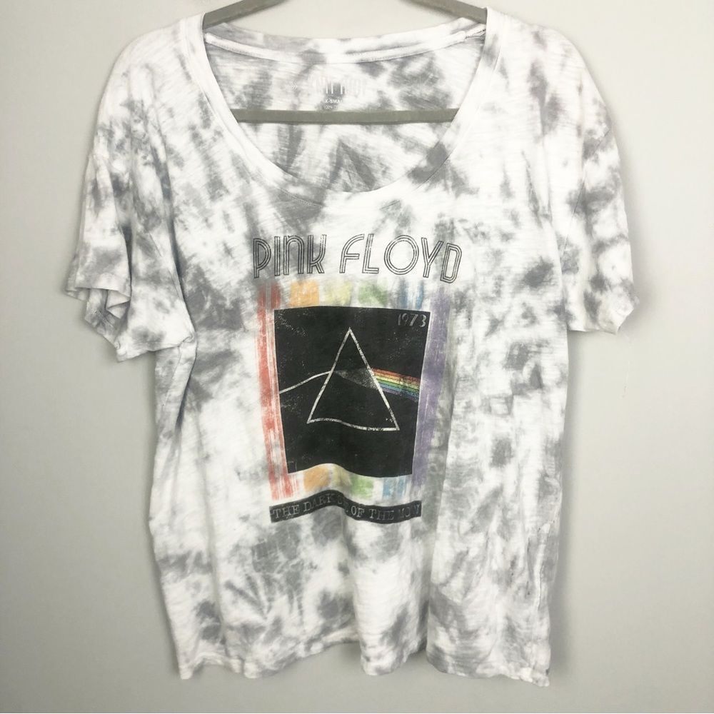 KNIT RIOT | PINK FLOYD Scoopneck Tie Dye Gray & White Band Tee Women’s Size XS